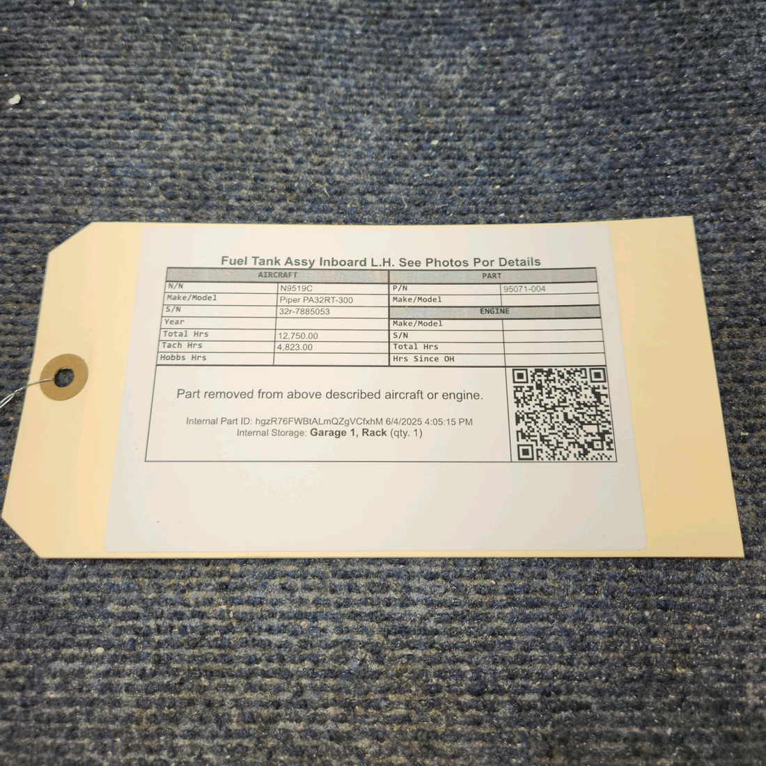 Used aircraft parts for sale, 95071-004 Piper PA32RT-300 Fuel Tank Assy Inboard- LH - See Photos Por Details