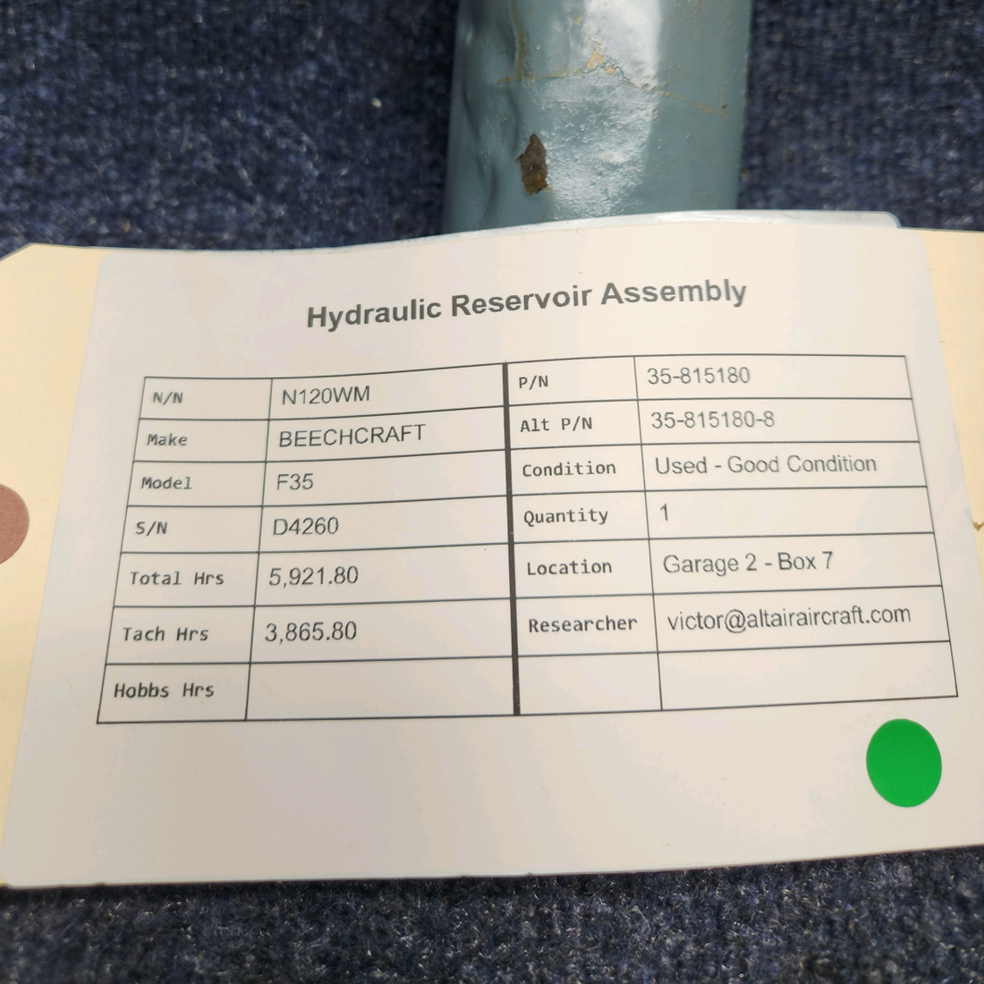 Used aircraft parts for sale, 35-815180 BEECHCRAFT F35 HYDRAULIC RESERVOIR ASSEMBLY