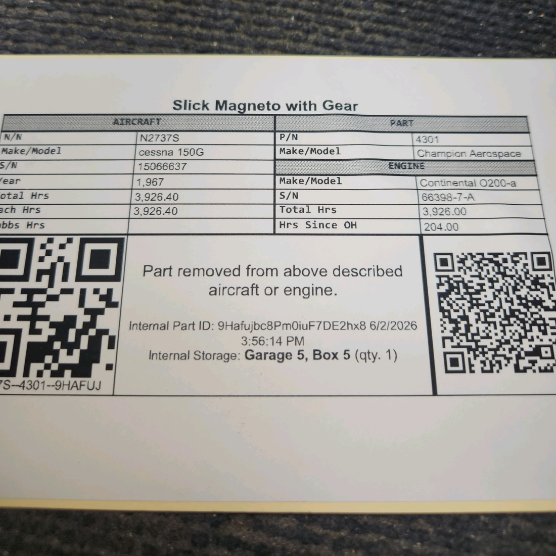 Used aircraft parts for sale, 4301 Champion Aerospace cessna 150G Slick Magneto with Gear