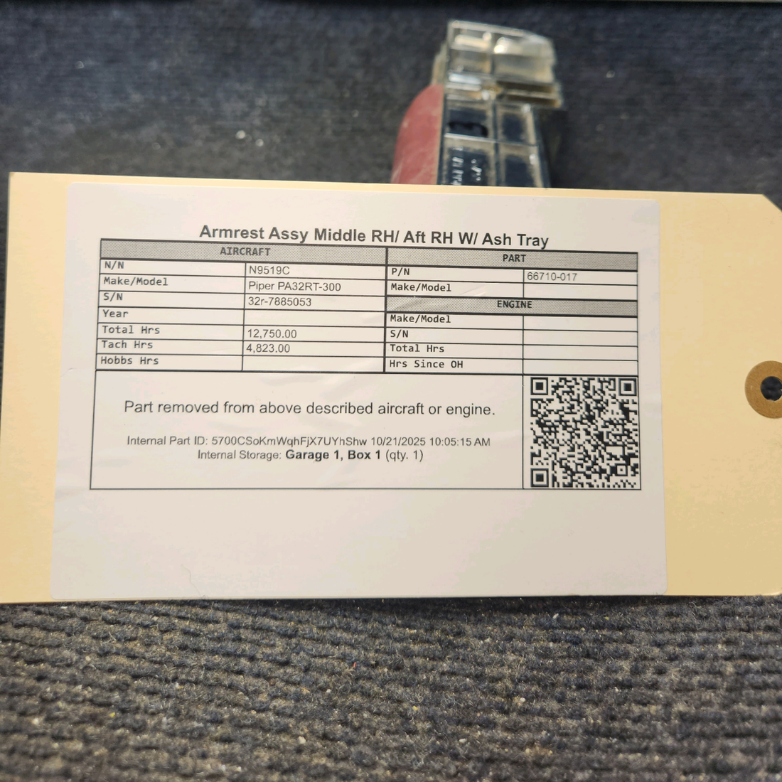 Used aircraft parts for sale, 66710-017 Piper PA32RT-300 Aft Armrest Assembly with Ashtray - RH Middle