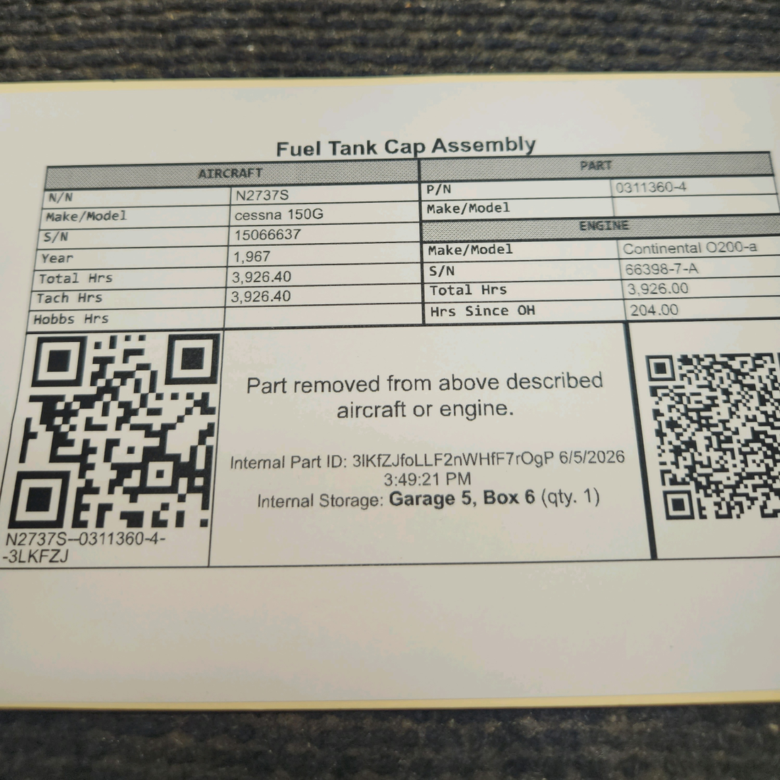 Used aircraft parts for sale, 0311360-4 cessna 150G Fuel Tank Cap Assembly