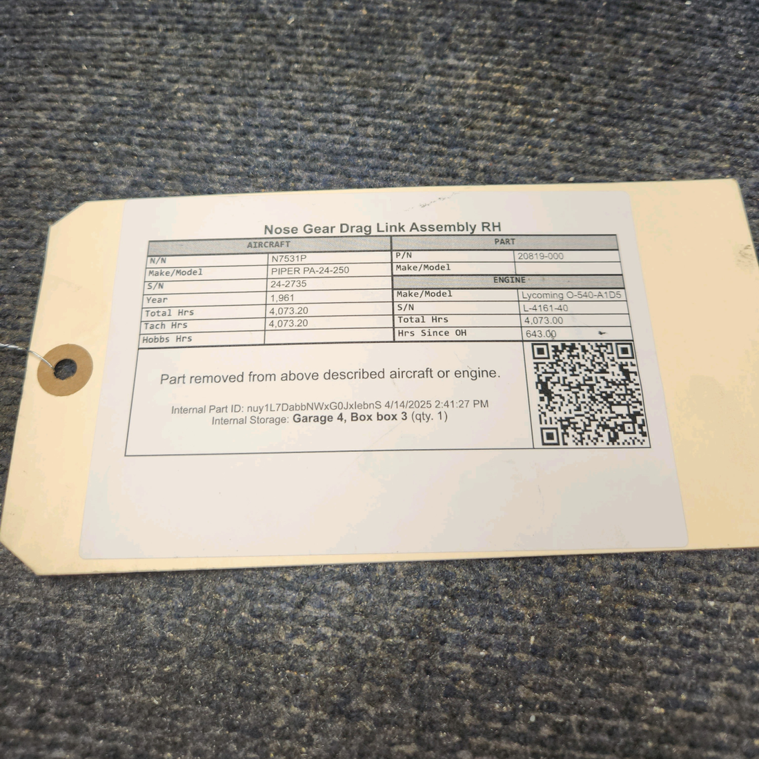 Used aircraft parts for sale, 20819-000 PIPER PA-24-250 Nose Gear Drag Link Assembly RH