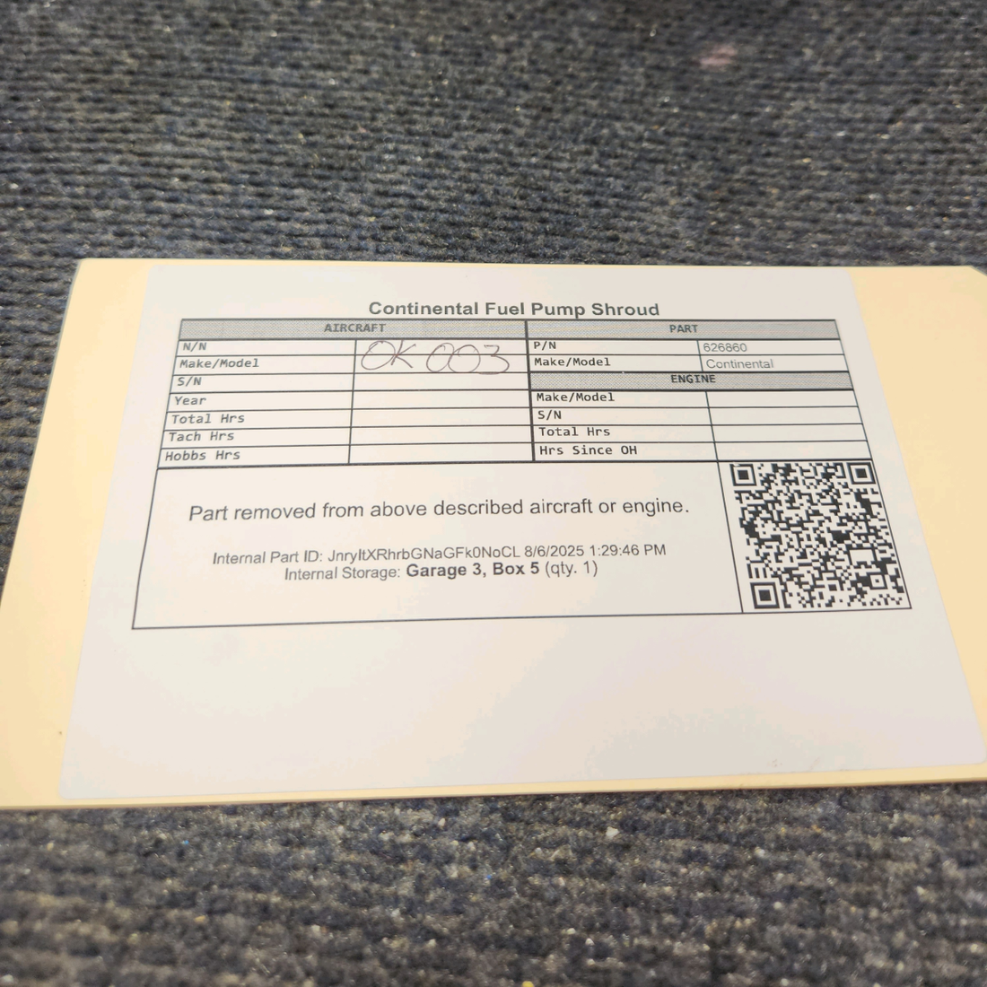 Used aircraft parts for sale, 626860 Continental Fuel Pump Shroud