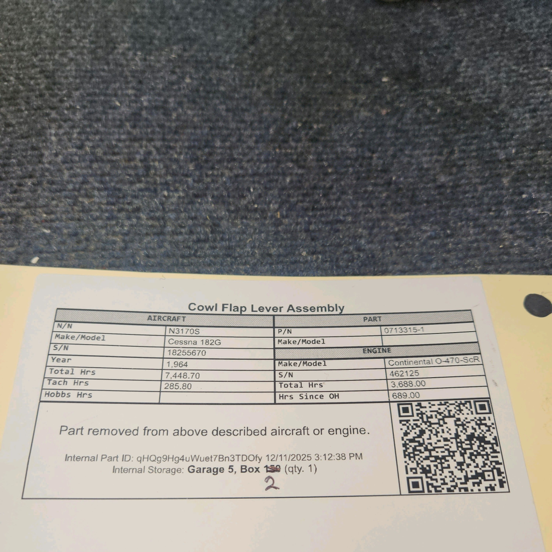 Used aircraft parts for sale, 0713315-1 Cessna 182G Cowl Flap Lever Assembly