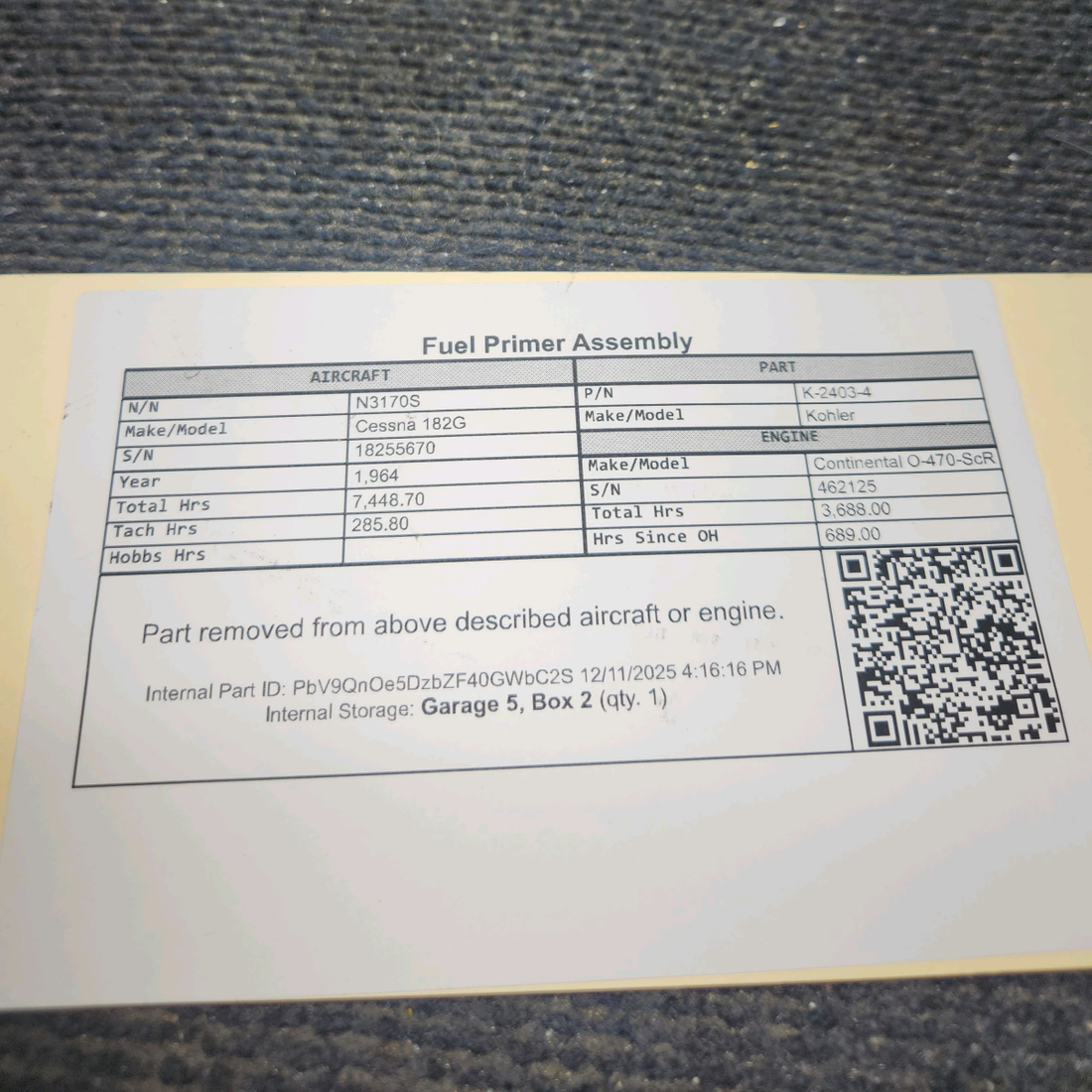 Used aircraft parts for sale, K-2403-4 Kohler Cessna 182G Fuel Primer Assembly