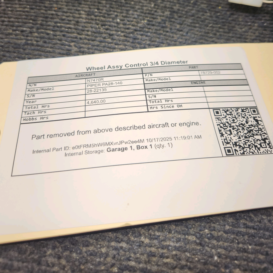 Used aircraft parts for sale, 78729-002 PIPER PA28-140 Control Wheel Assembly- 3/4 Diameter