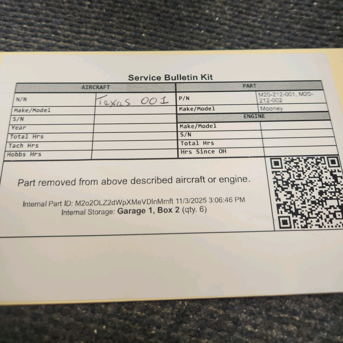 Used aircraft parts for sale, M20-212-001 Mooney M20F, M20J Service Bulletin Kit