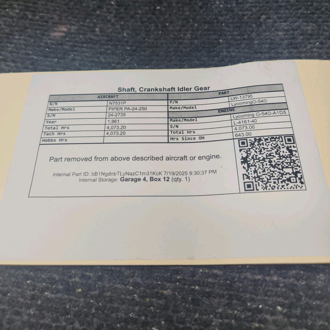 Used aircraft parts for sale, LW-13795 Lycoming O-540 PIPER PA-24-250 Shaft, Crankshaft Idler Gear