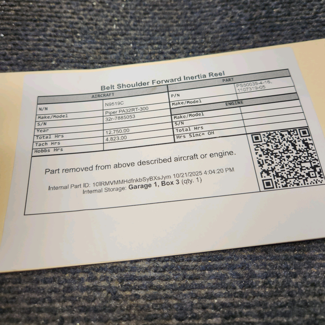 Used aircraft parts for sale, PS50039-4-16 Piper PA32RT-300 Forward Shoulder Belt with Inertia Reel