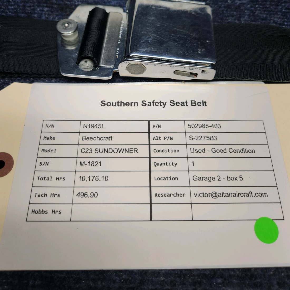 Used aircraft parts for sale, 502985-403 Beechcraft C23 SUNDOWNER SOUTHERN SAFETY SEAT BELT