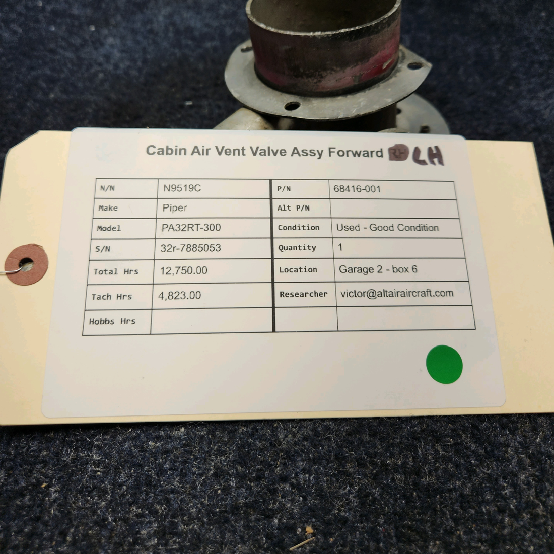 Used aircraft parts for sale, 68416-001 Piper PA32RT-300 CABIN AIR VENT VALVE ASSY FORWARD LH