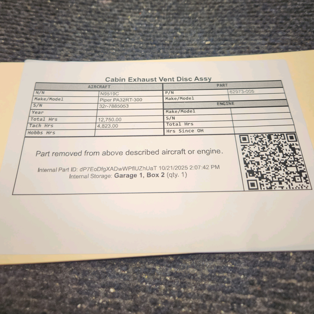 Used aircraft parts for sale, 62973-005 Piper PA32RT-300 Cabin Exhaust Vent Disc Assembly