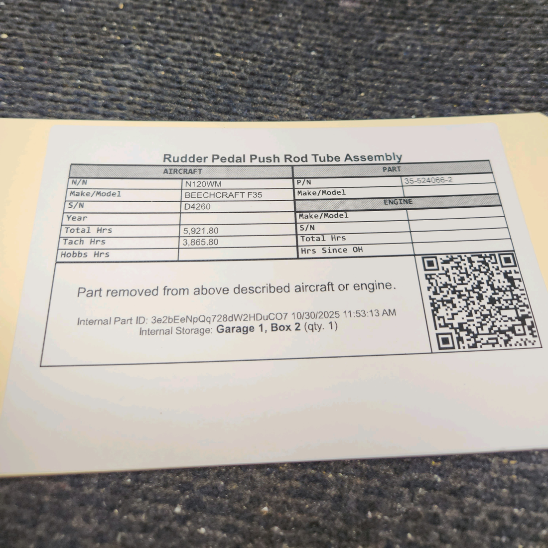 Used aircraft parts for sale, 35-524066-2 BEECHCRAFT F35 Rudder Pedal Push Rod Tube Assembly