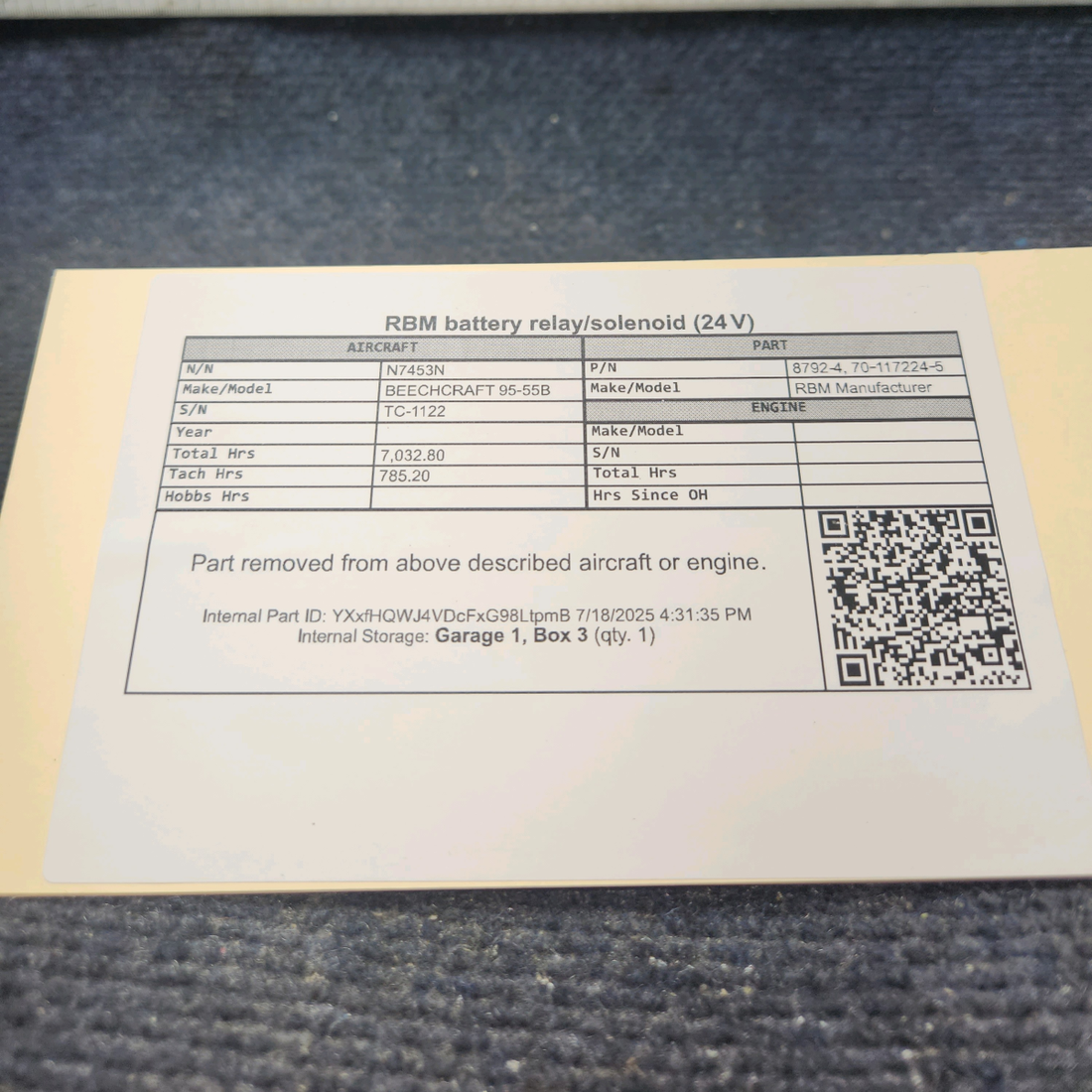 Used aircraft parts for sale, 8792-4 RBM Manufacturer BEECHCRAFT 95-55B RBM Battery Relay/Solenoid - 24V
