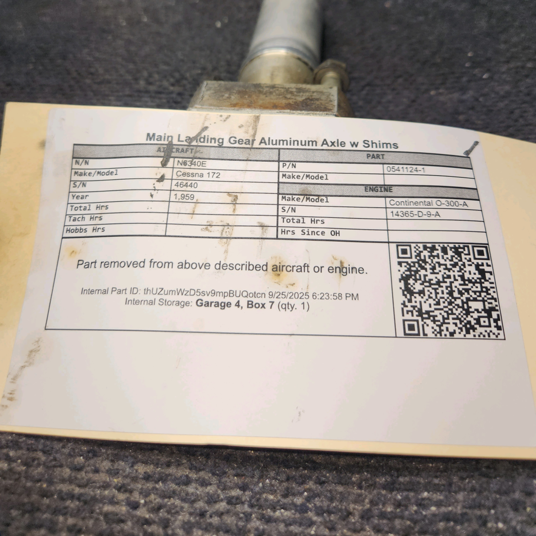 Used aircraft parts for sale, 0541124-1 Cessna 172 Main Landing Gear Aluminum Axle w Shims