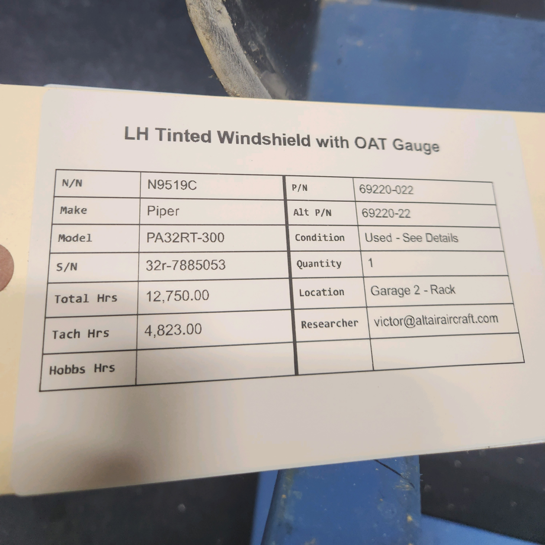 Used aircraft parts for sale, 69220-022 Piper PA32RT-300 LH TINTED WINDSHIELD WITH OAT GAUGE