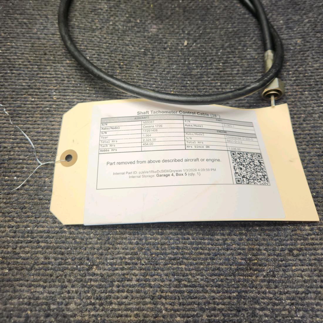 Used aircraft parts for sale, S1363-1 Cessna 172E Shaft Tachometer Control Cable (38”)