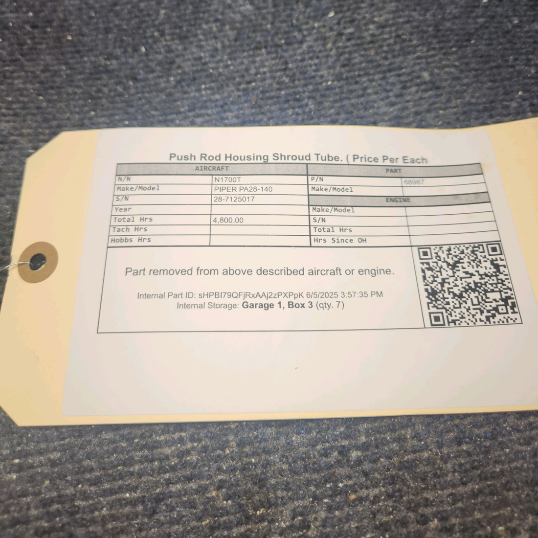 Used aircraft parts for sale, 68987 PIPER PA28-140 Push Rod Housing Shroud Tube - Price Per Each