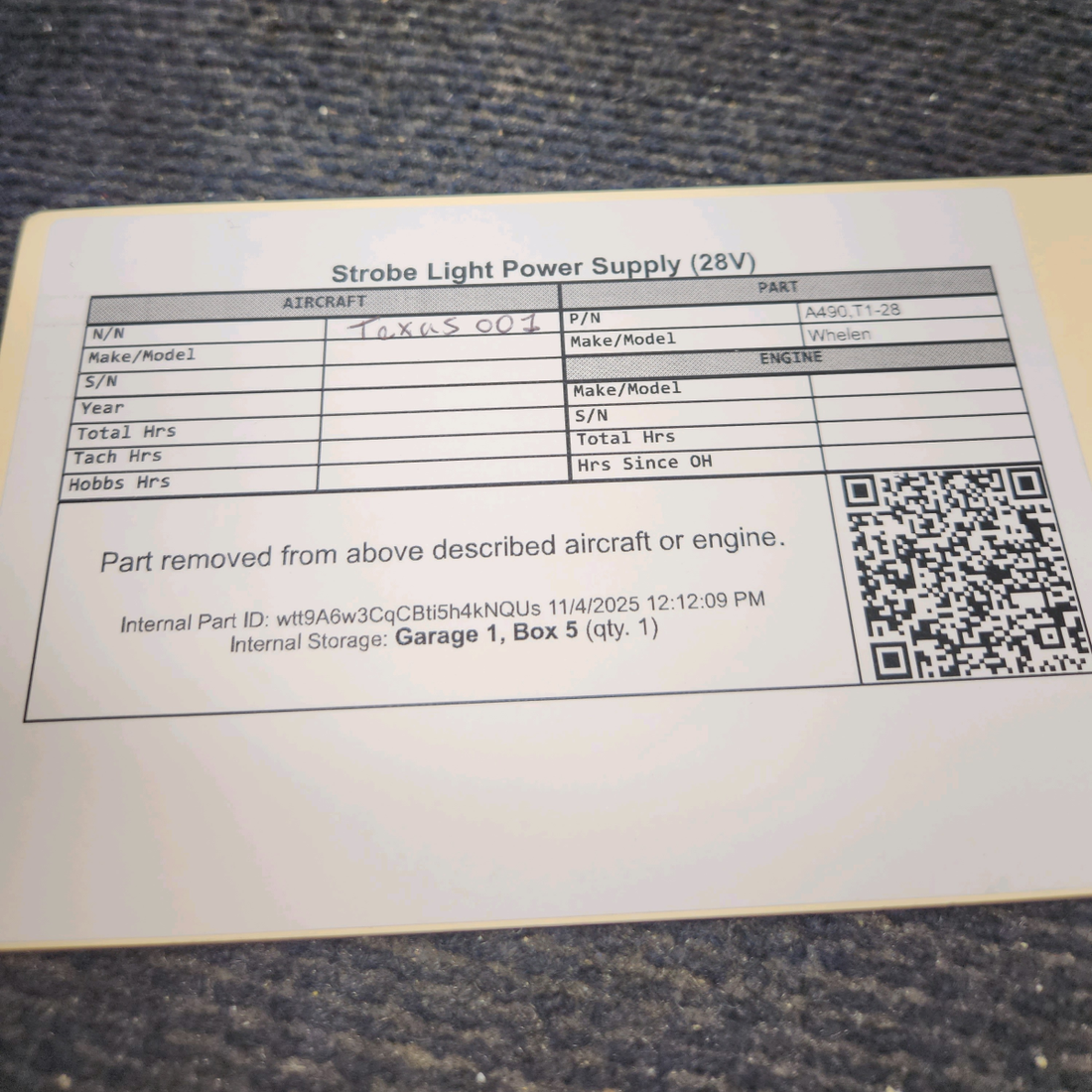 Used aircraft parts for sale, A490,T1-28 Whelen Strobe Light Power Supply (28V)