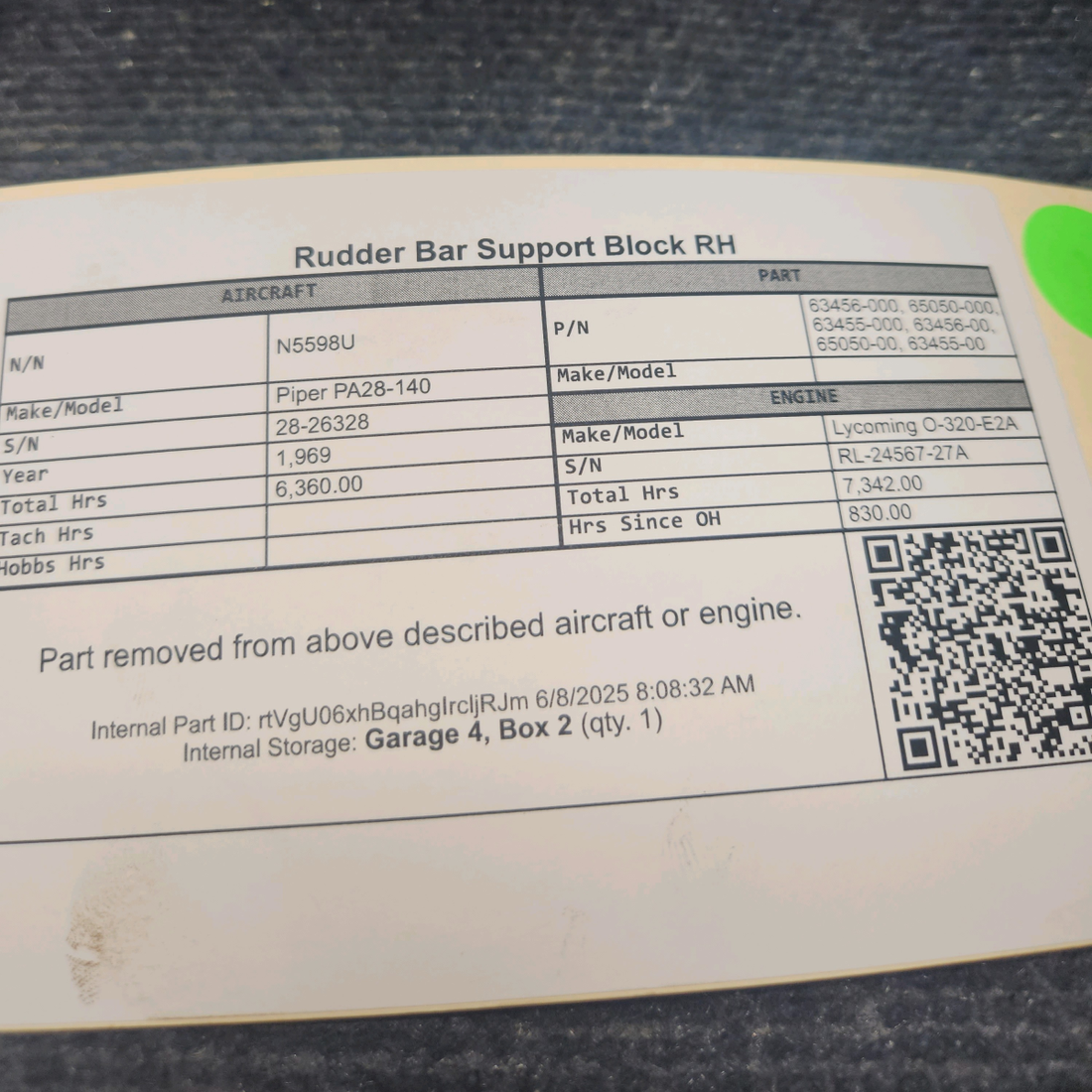Used aircraft parts for sale, 63456-000, 65050-000, 63455-000 Piper PA28-140 Rudder Bar Support Block