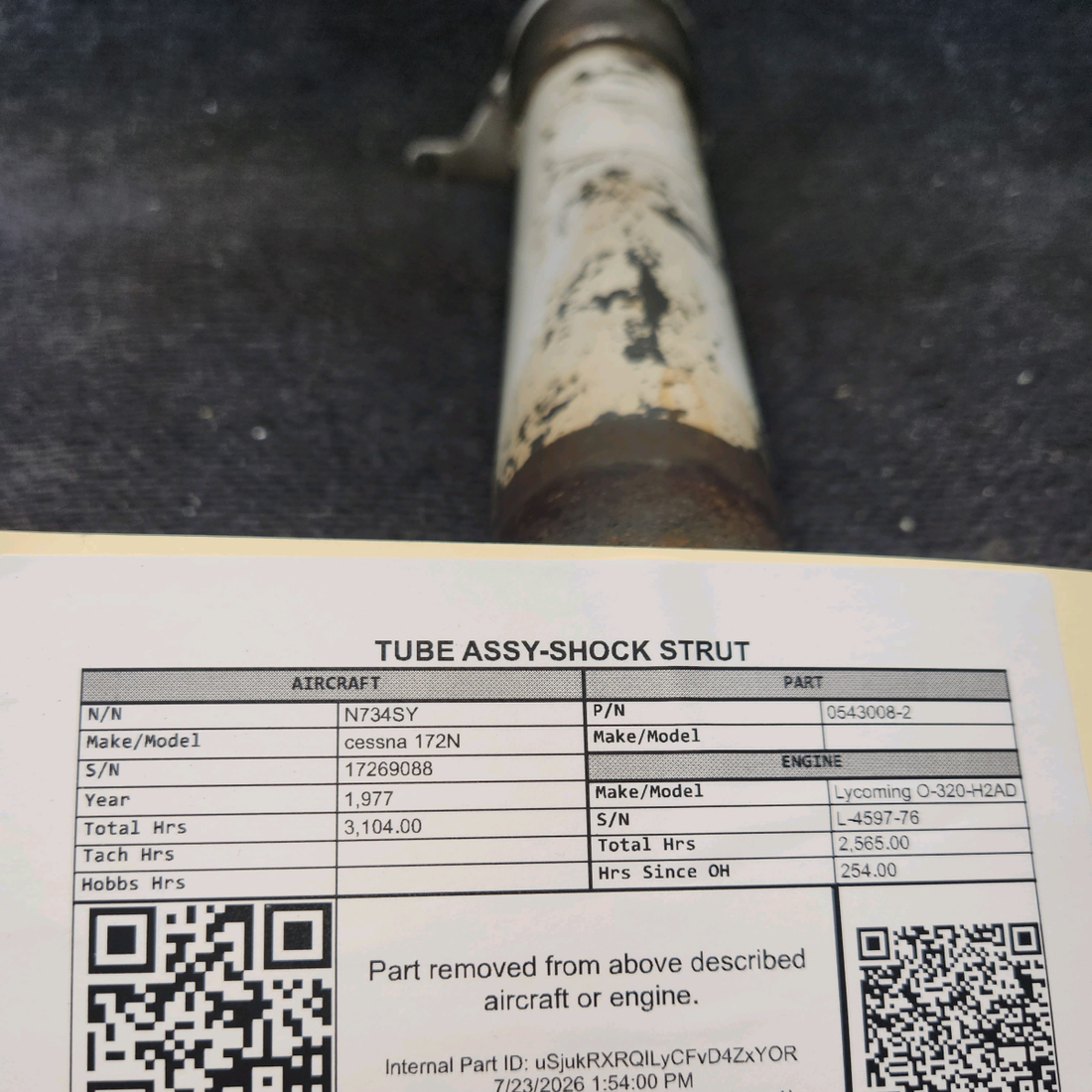 Used aircraft parts for sale, 0543008-2 cessna 172N Shock Strut Tube Assembly