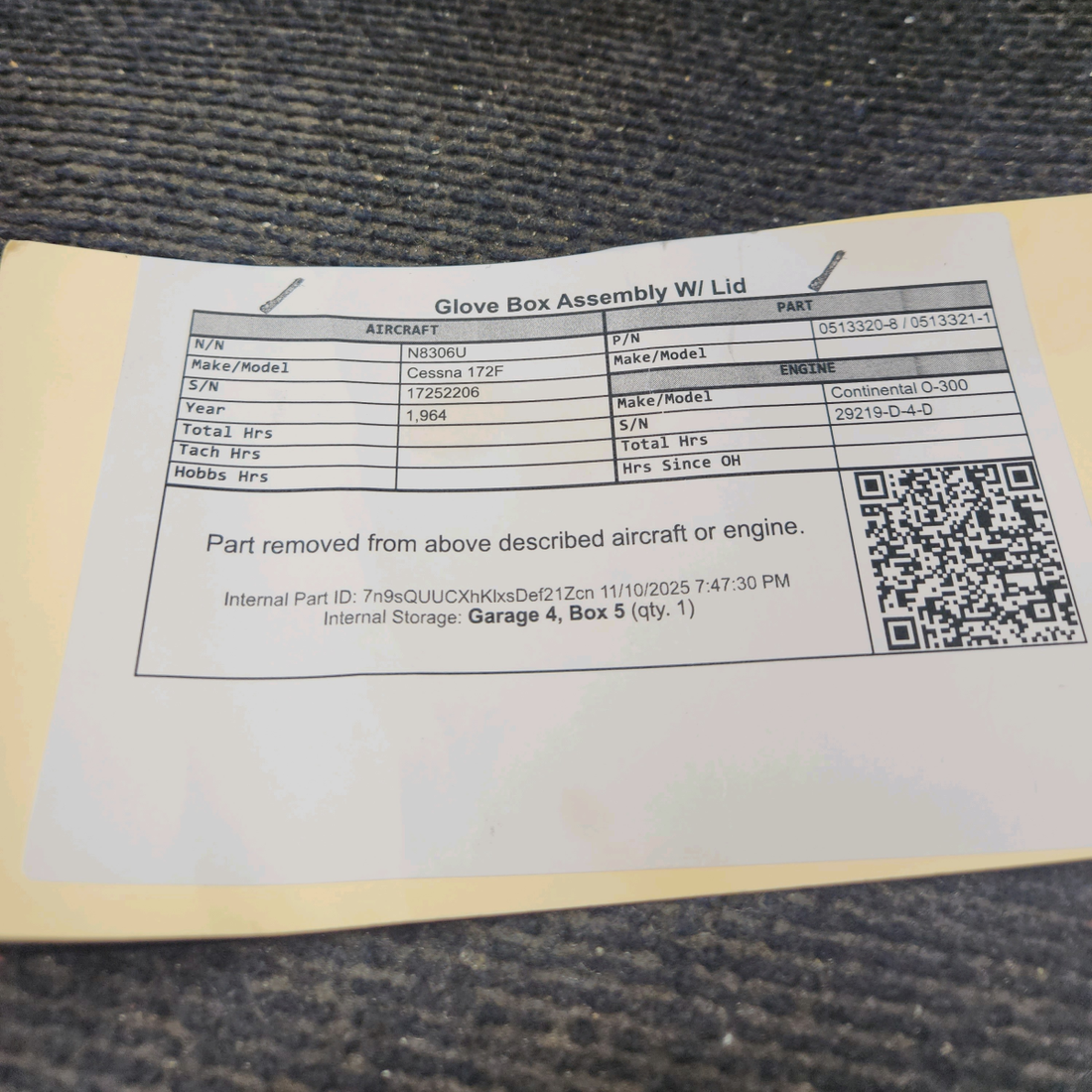 Used aircraft parts for sale, 0513320-8, 0513321-1 Cessna 172F Glove Box Assembly W/ Lid