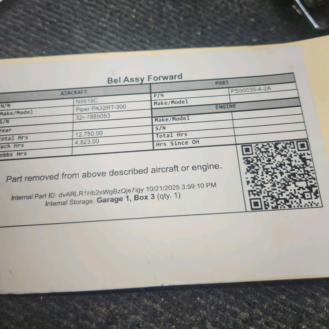 Used aircraft parts for sale, PS50039-4-2A Piper PA32RT-300 Forward Belt Assembly