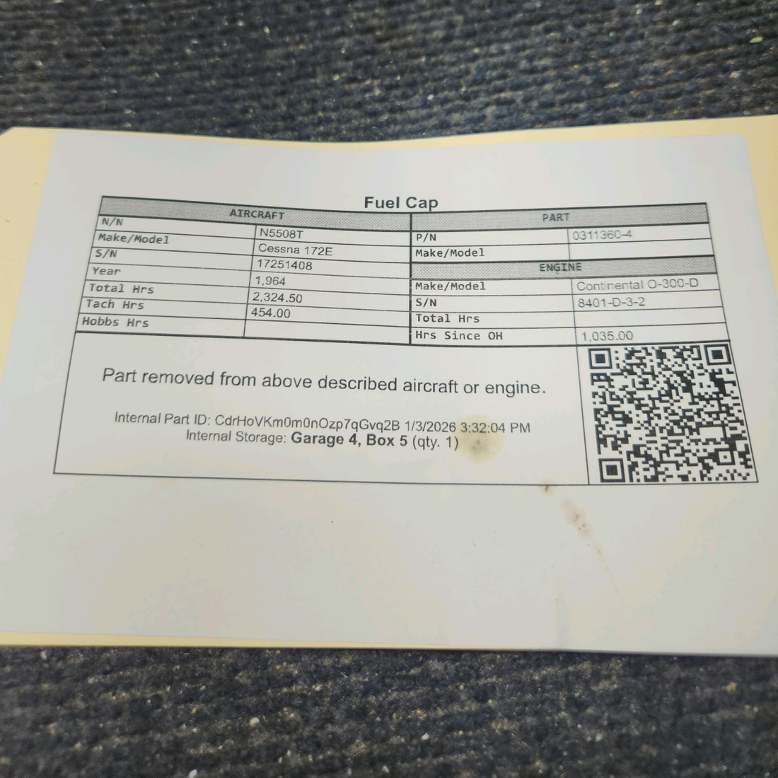 Used aircraft parts for sale, 0311360-4 Cessna 172E Fuel Cap