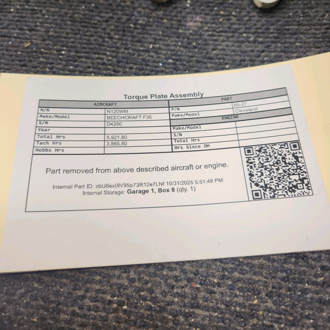 Used aircraft parts for sale, 65-27 Cleveland BEECHCRAFT F35 Torque Plate Assembly