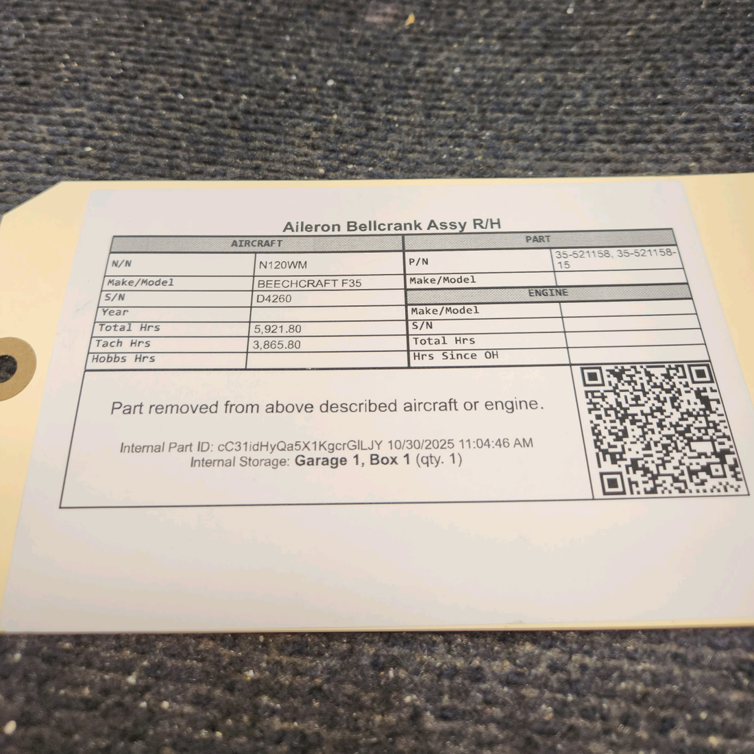 Used aircraft parts for sale, 35-521158 BEECHCRAFT F35 Aileron Bellcrank Assy - RH