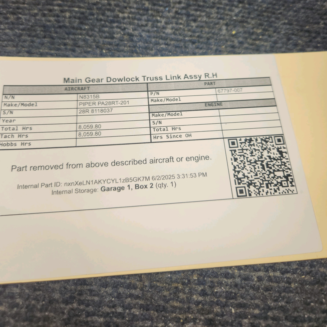 Used aircraft parts for sale, 67797-007 PIPER PA28RT-201 Main Gear Dowlock Truss Link Assy R.H