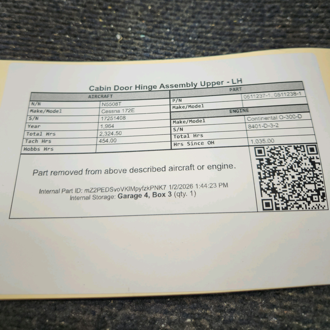 Used aircraft parts for sale, 0511237-1, 0511238-1 Cessna 172E Cabin Door Hinge Assembly Upper - LH