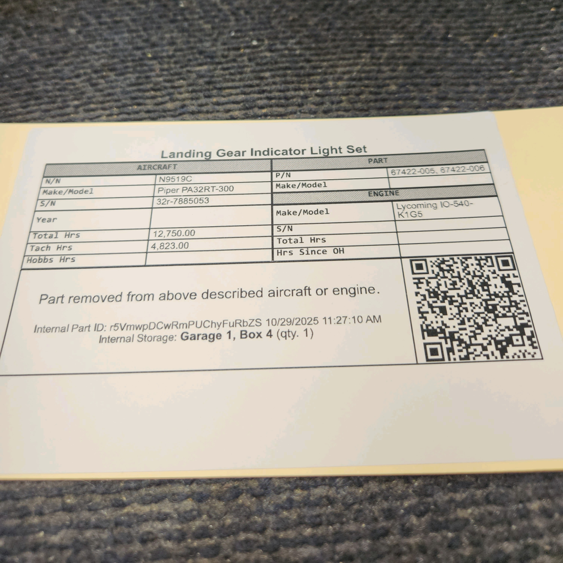 Used aircraft parts for sale, 67422-007, 67422-006, 67422-005 Piper PA32RT-300 Landing Gear Indicator Light Set