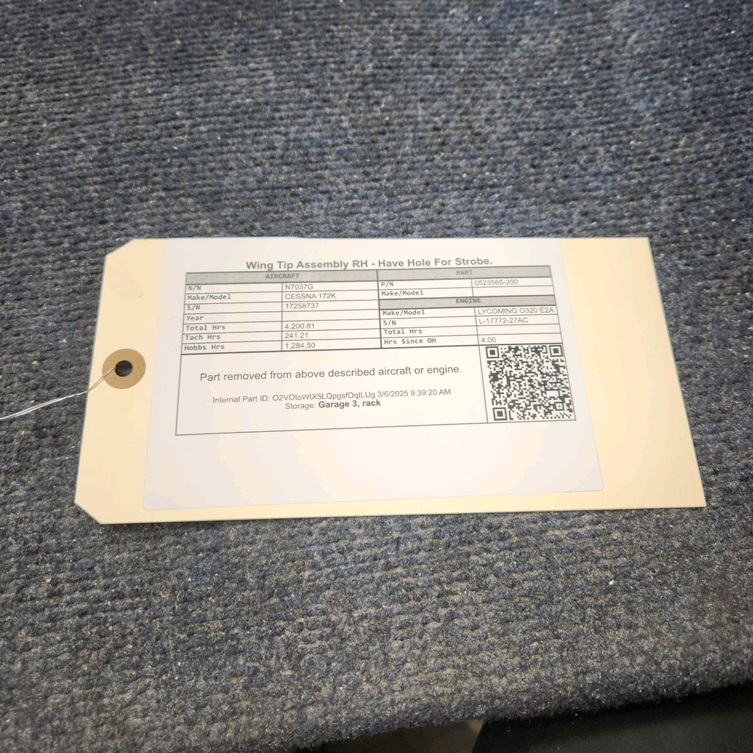 Used aircraft parts for sale, 0523565-200 CESSNA 172K WING TIP ASSEMBLY RH - HAS HOLE FOR STROBE.
