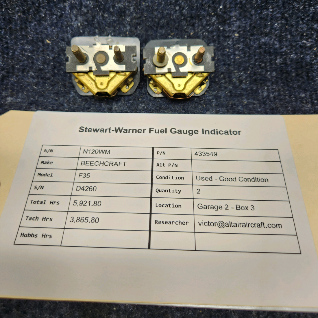 Used aircraft parts for sale, 433549 BEECHCRAFT F35 STEWART-WARNER FUEL GAUGE INDICATOR PRICE PER EACH