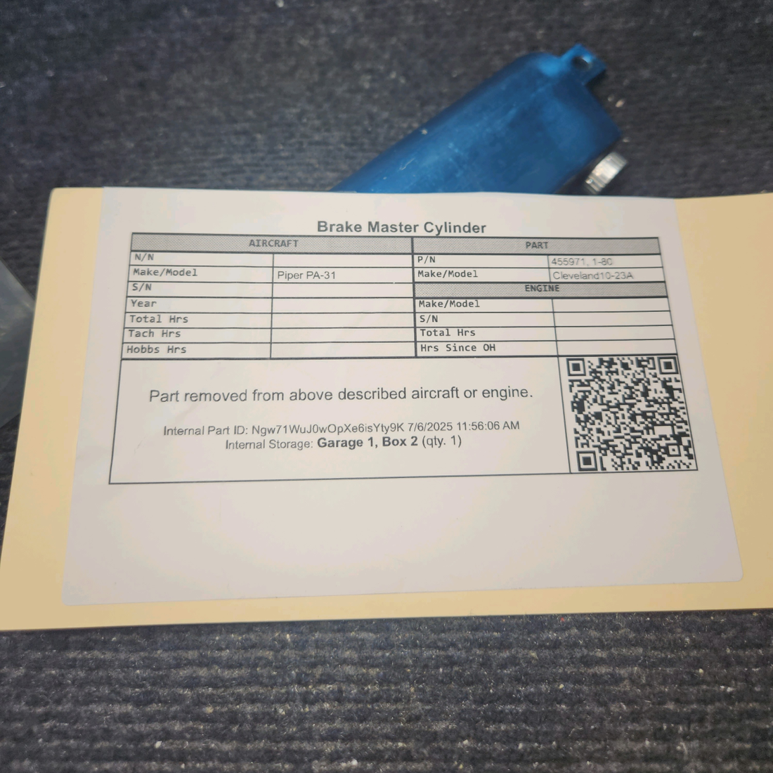 Used aircraft parts for sale, 455971 Cleveland 10-23A Piper PA-31 Brake Master Cylinder