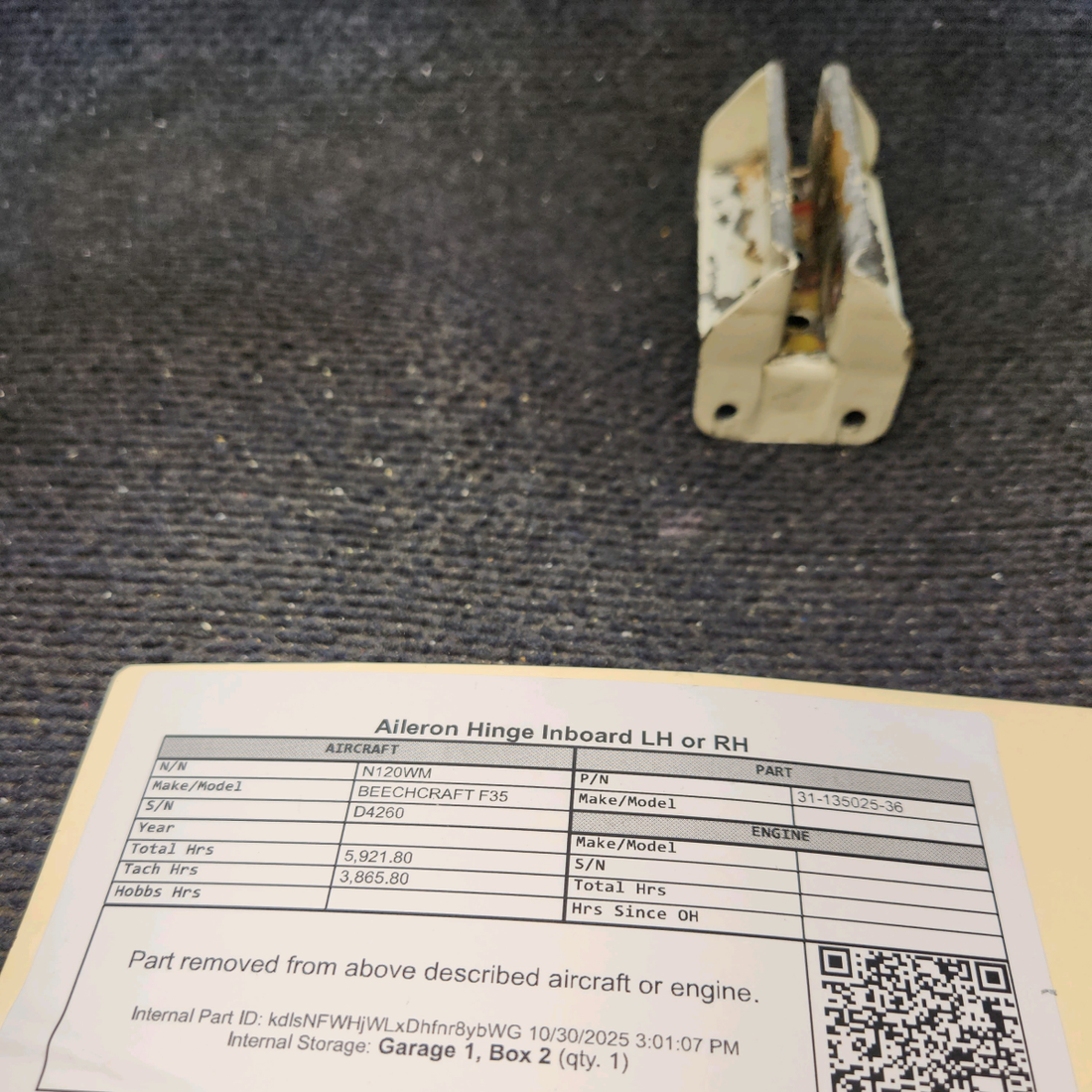 Used aircraft parts for sale, 35-135025-36 BEECHCRAFT F35 Aileron Hinge Inboard - LH or RH