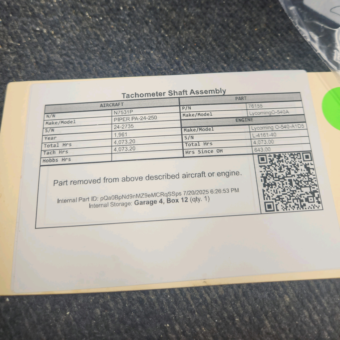 Used aircraft parts for sale, 76155 Lycoming O-540A PIPER PA-24-250 Tachometer Shaft Assembly