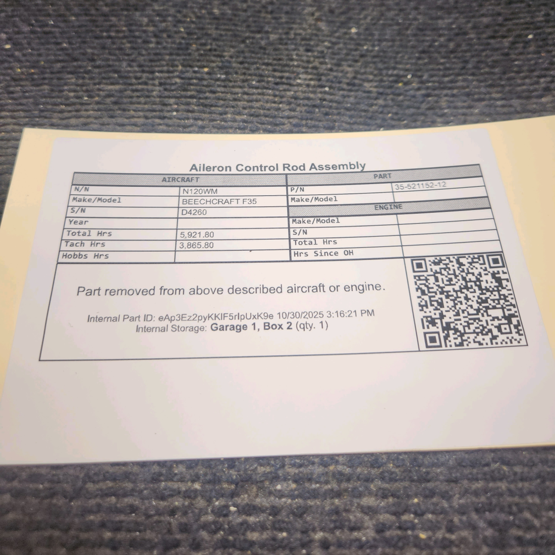 Used aircraft parts for sale, 35-521152-12 BEECHCRAFT F35 Aileron Control Rod Assembly