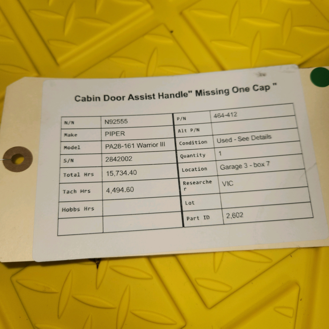 Used aircraft parts for sale, 464-412 PIPER PA28-161 Warrior III CABIN DOOR ASSIST HANDLE" MISSING ONE CAP "