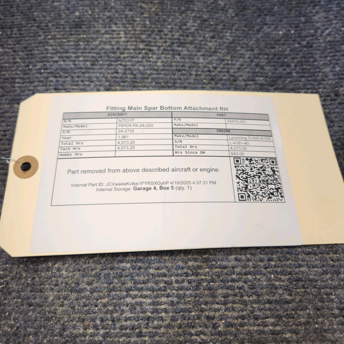 Used aircraft parts for sale, 20476-001 PIPER PA-24-250 Fitting Main Spar Bottom Attachment RH