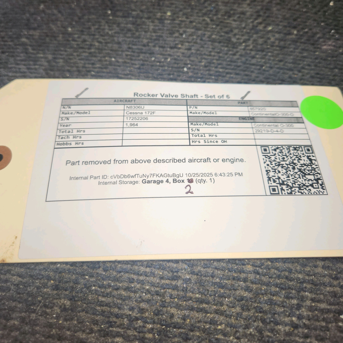 Used aircraft parts for sale, 657920 Continental O-300-D Cessna 172F Rocker Valve Shaft - Set of 6