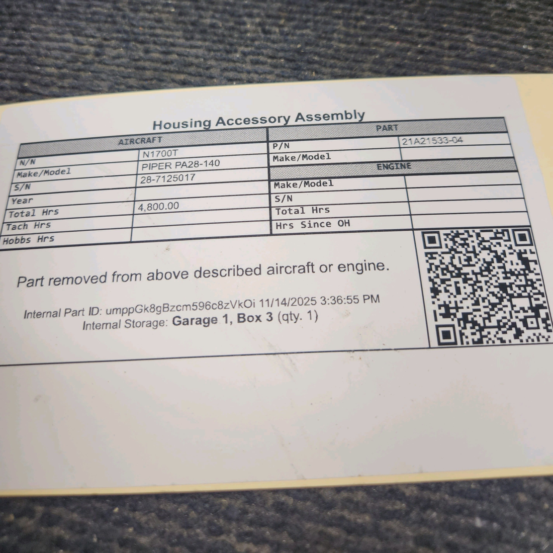 Used aircraft parts for sale, 21A21533-04 Lycoming O-320 PIPER PA28-140 Housing Accessory Assembly
