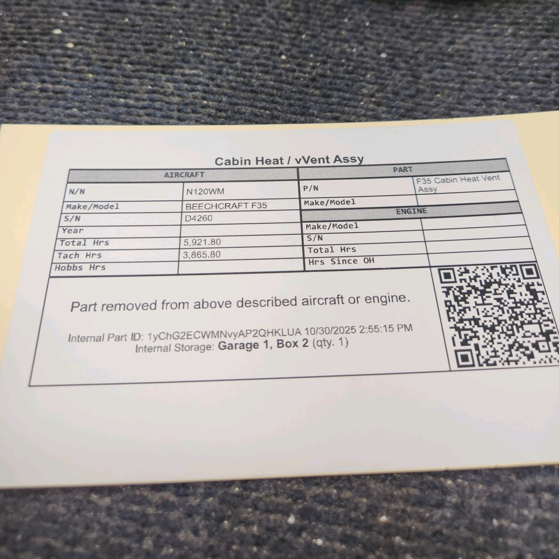 Used aircraft parts for sale, F35 Cabin Heat Vent Assy BEECHCRAFT F35 Cabin Heat/Vent Assy