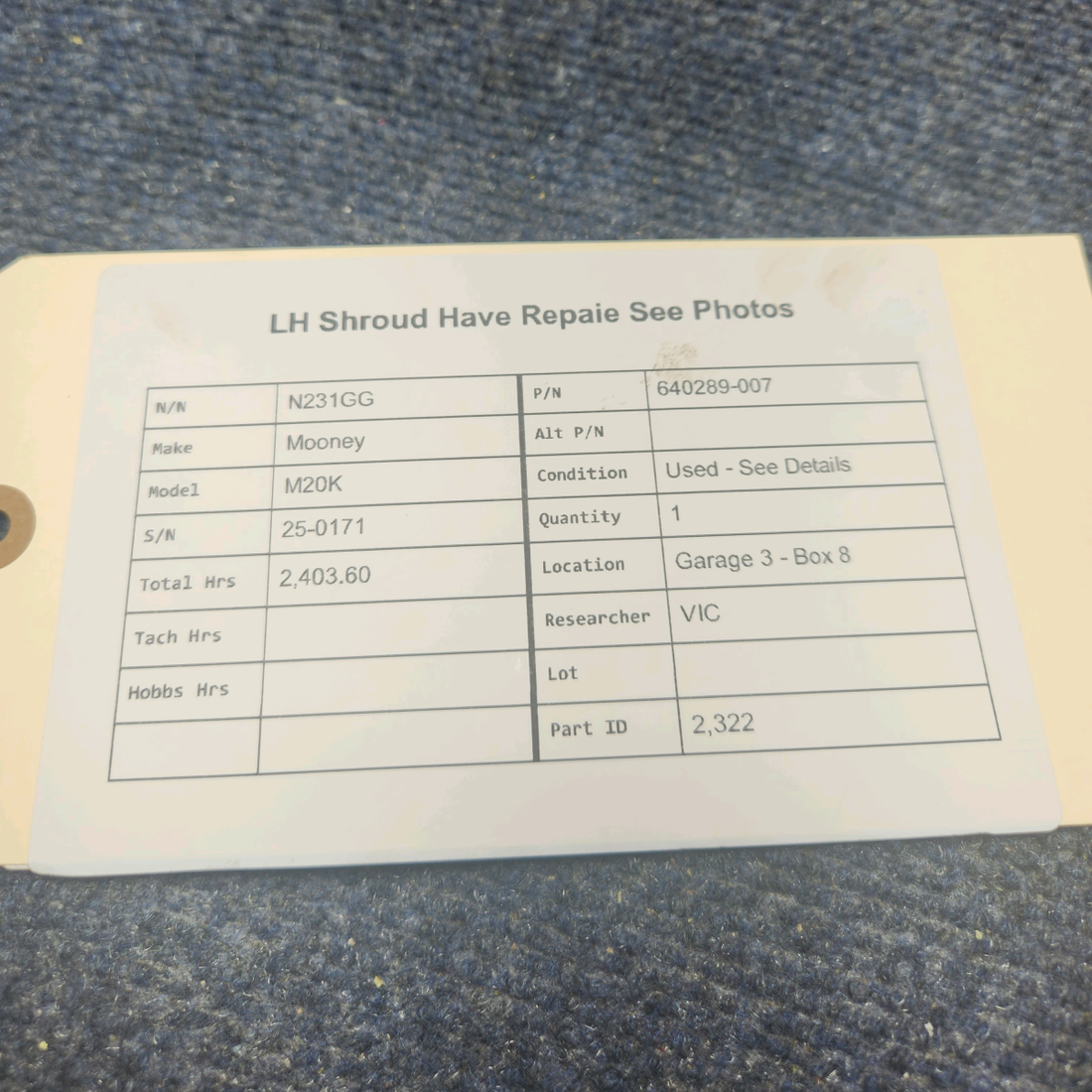 Used aircraft parts for sale, 640289-007 Mooney M20K LH SHROUD HAS REPAIR SEE PHOTOS