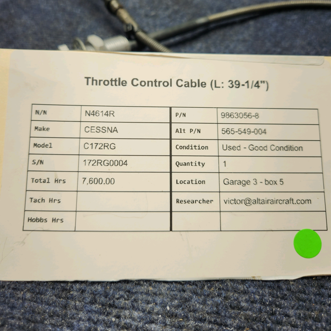 Used aircraft parts for sale, 9863056-8 CESSNA C172RG THROTTLE CONTROL CABLE (L: 39-1/4")