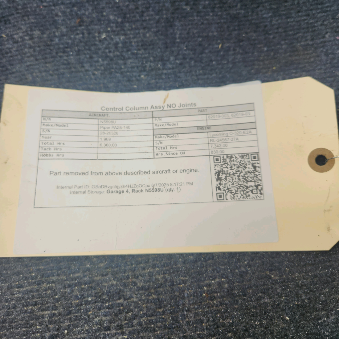 Used aircraft parts for sale, 62019-003 Piper PA28-140 Control Column Assy NO Joints