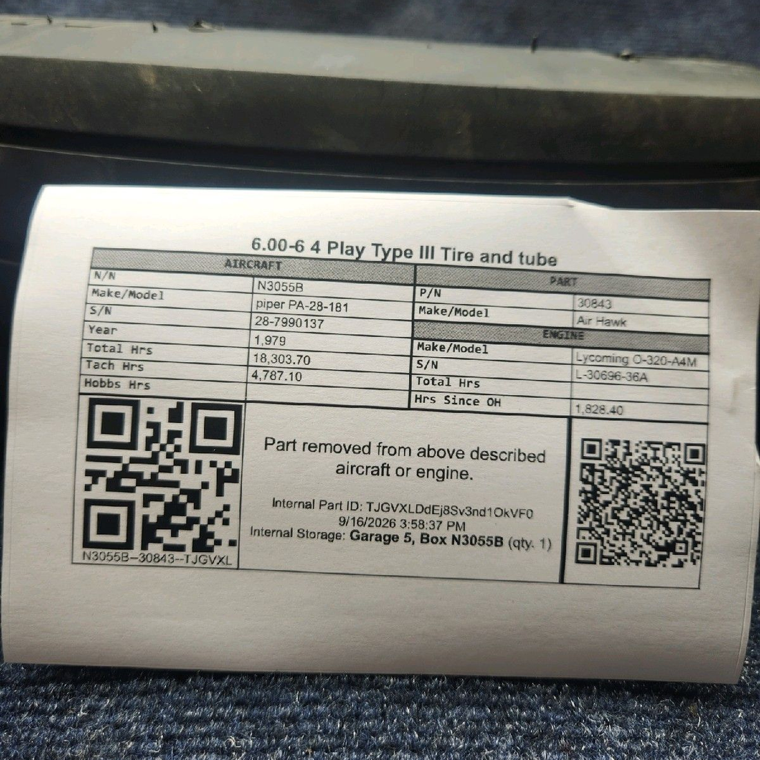 Used aircraft parts for sale, 30843 Air Hawk piper PA-28-181 6.00-6 4-Ply Type III Aircraft Tire with Tube