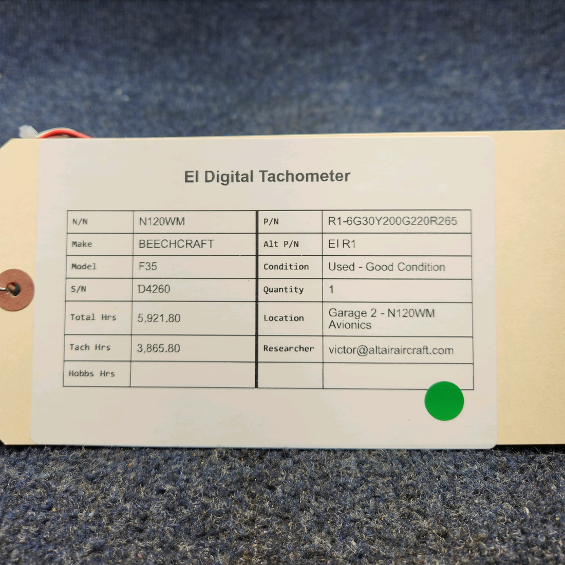Used aircraft parts for sale, R1-6G30Y200G220R265 BEECHCRAFT F35 EI DIGITAL TACHOMETER