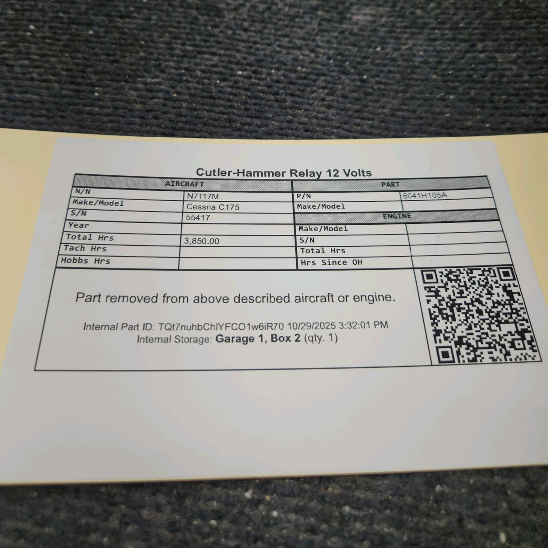 Used aircraft parts for sale, 6041H105A Cutler Hammer Cessna C175 Relay 12 Volts